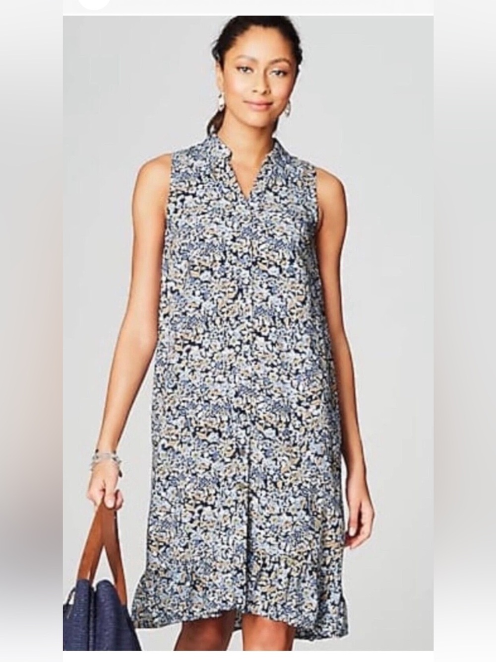 J. Jill Blue Ruffled Hem Floral Button Shirt Dress Size Small Petite sleeveless